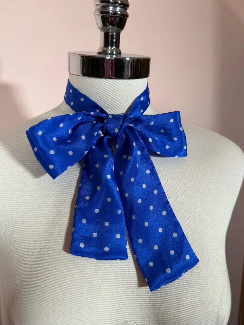 Vintage specialty House Royal blue white polka dot Silk bow neck scarf Twilly